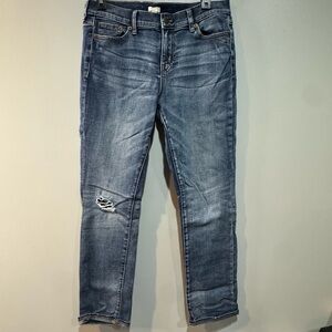 J. Crew Stretch Straight Leg Jeans in Faded Blue with Knee Distress